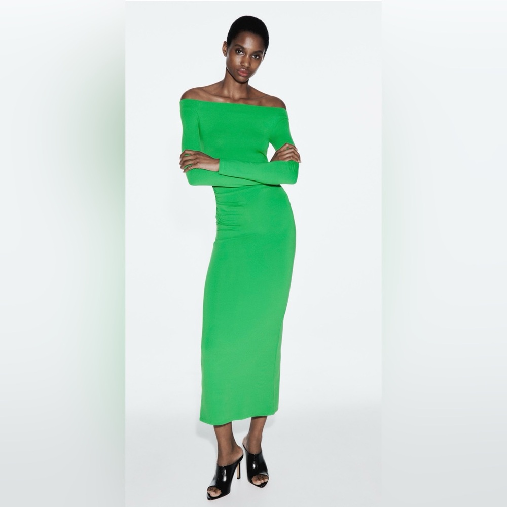 Zara Bright Green Off-Shoulder Long Sleeve Midi Dress - Size: S - NWT!